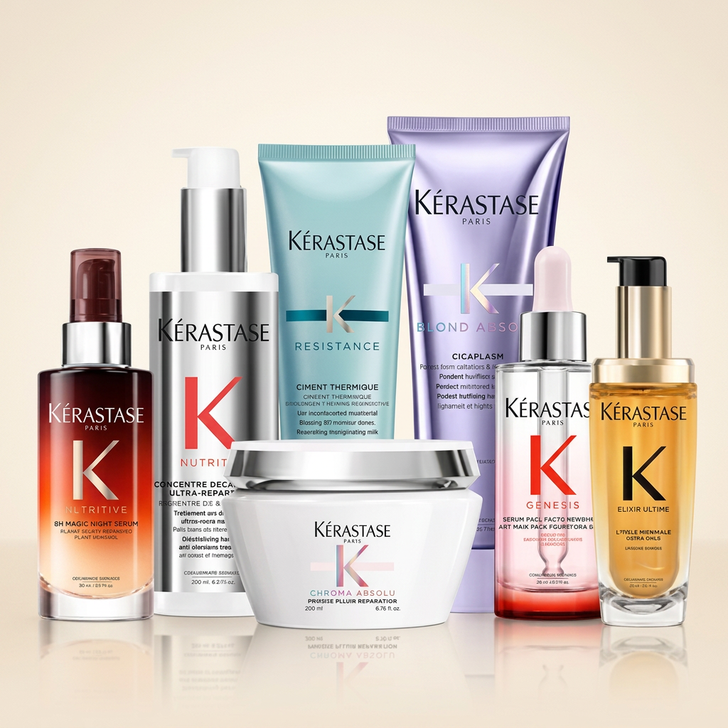 Kérastase Paris hair care range including masque, serum and treatment bottles
