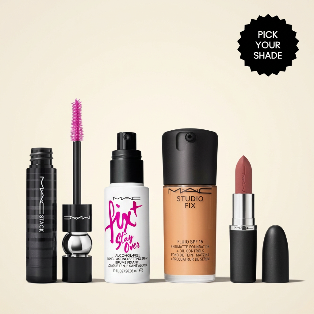 MAC Cosmetics mascara, Fix+ setting spray, Studio Fix foundation and lipstick